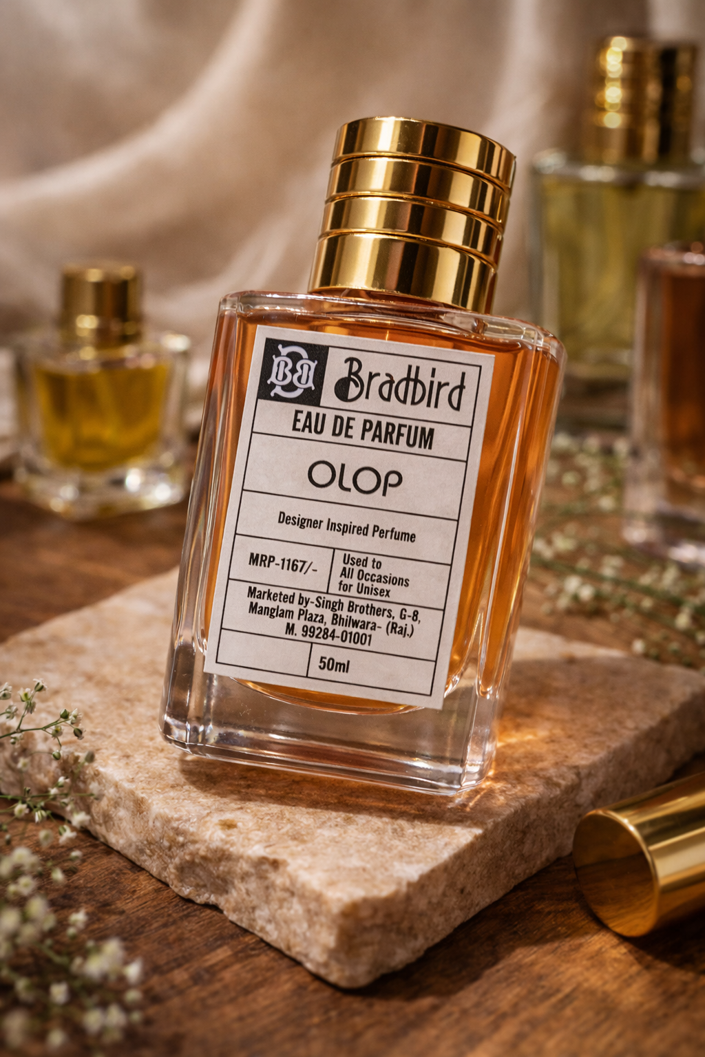 OLOP eau de parfum bottle with gold cap, label and 50 ml marked