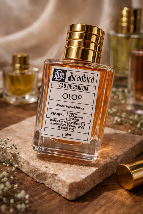 OLOP eau de parfum bottle with gold cap, label and 50 ml marked