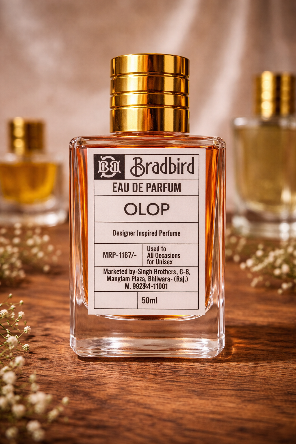 OLOP eau de parfum 50 ml glass bottle with gold cap, front label visible