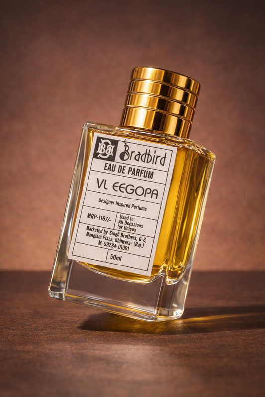 VL EEGOPA eau de parfum bottle, gold cap, three-quarter view, 50ml
