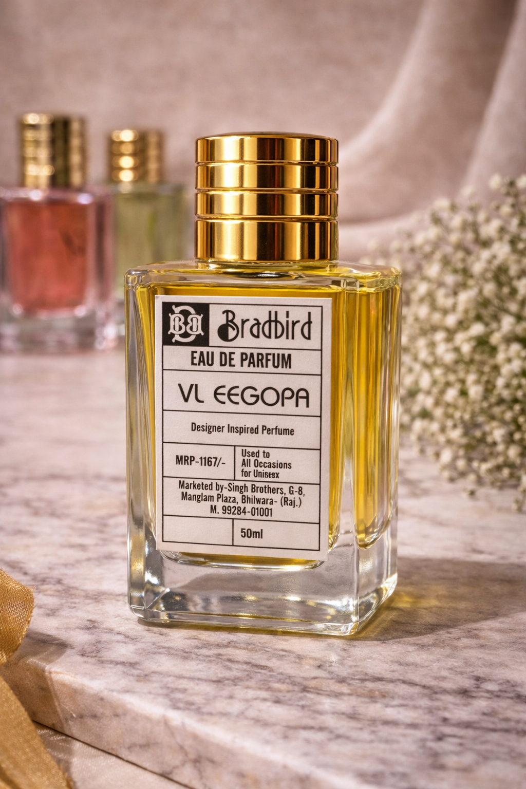 VL EEGOPA eau de parfum bottle, gold ribbed cap, front label, 50ml glass flacon