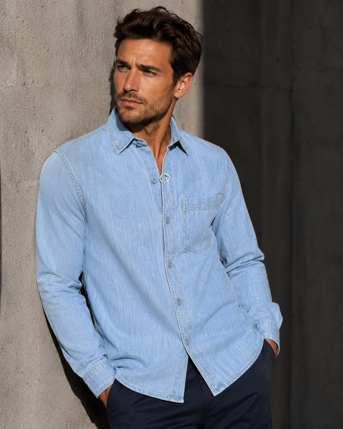 Light blue denim button-up shirt with pointed collar and chest pocket detail