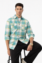 Aqua turquoise plaid western shirt with double chest pockets, snap buttons