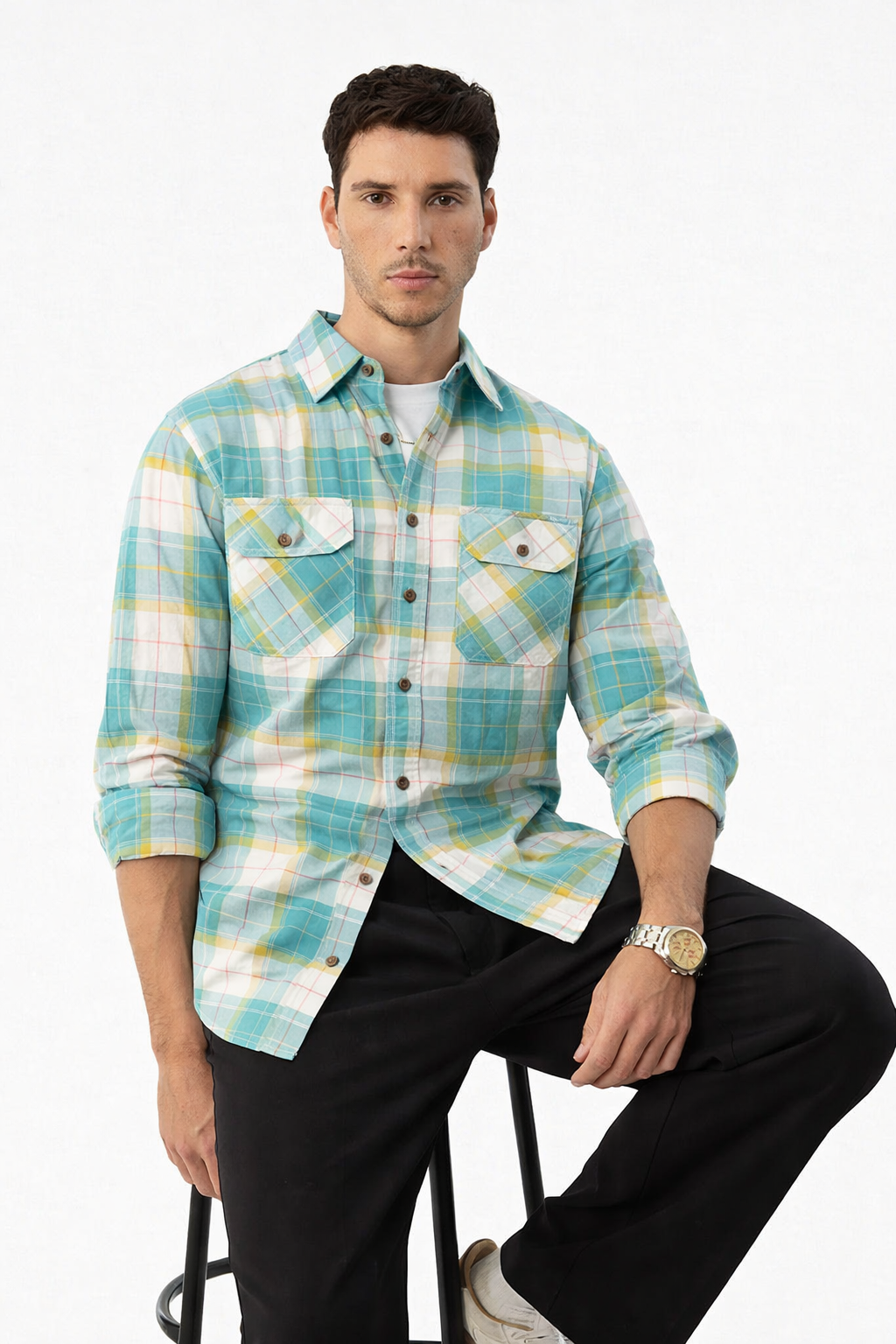 Aqua turquoise plaid western shirt with double chest pockets, snap buttons