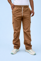 Brown cargo joggers with drawstring waist and ankle adjusters, side cargo pockets