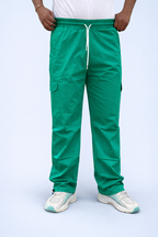 Green cargo joggers with white drawstring waist and side cargo pockets