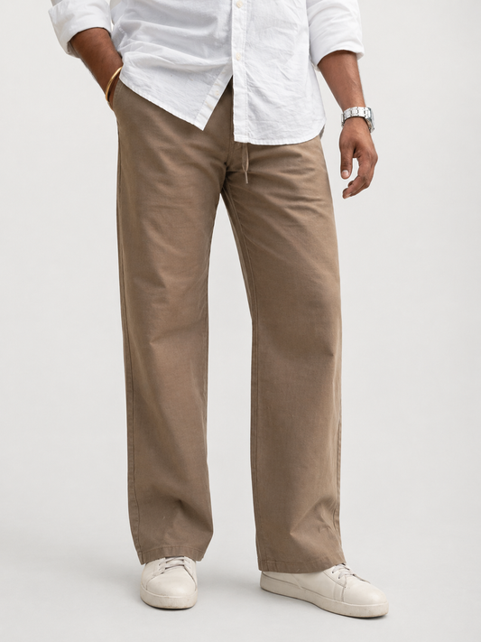 Brown drawstring linen-cotton pants, relaxed fit; side pockets and adjustable waist