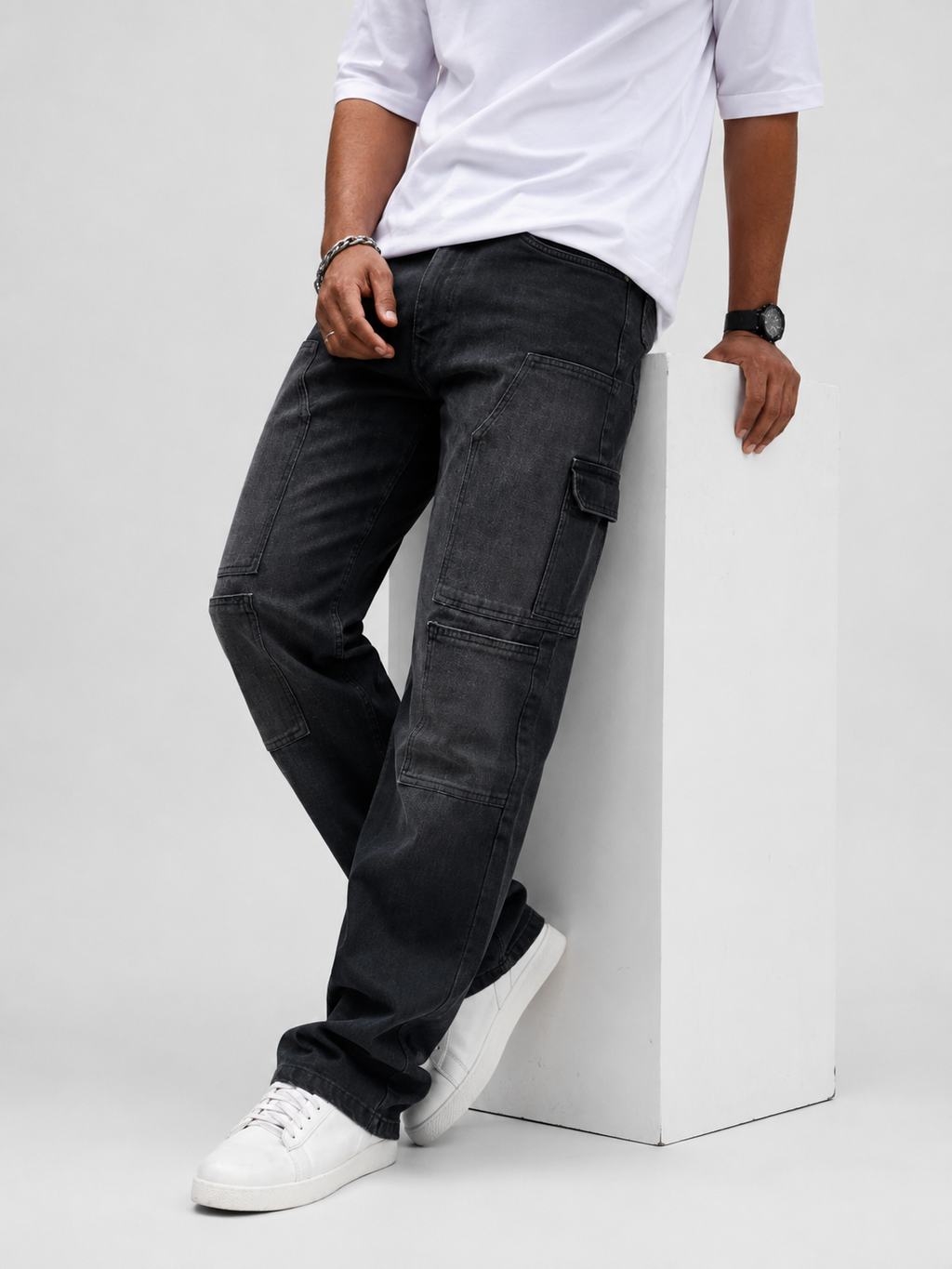 Cargo Straight Fit Denim | Charcoal Grey Carpenter Style Utility Jeans