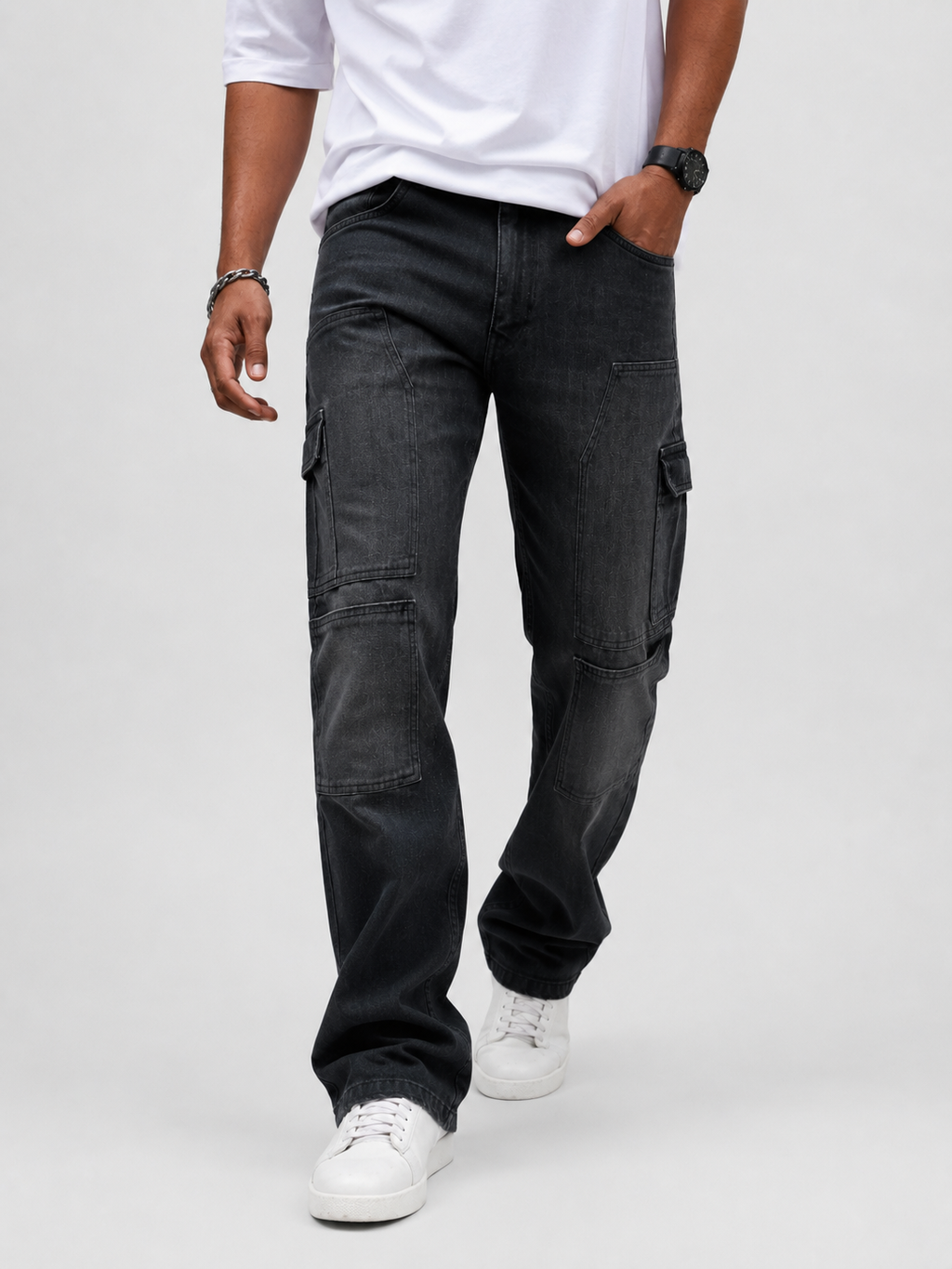 Cargo Straight Fit Denim | Charcoal Grey Carpenter Style Utility Jeans