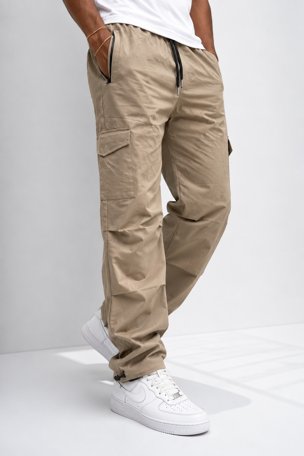 Beige Cargo Joggers with Adjustable Ankle Grip | Lightweight Casual Streetwear Pants for Me