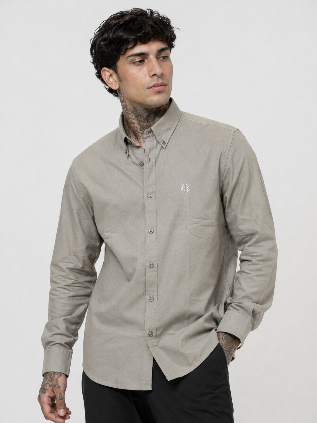 Olive Textured Oxford Shirt with Tonal Monogram