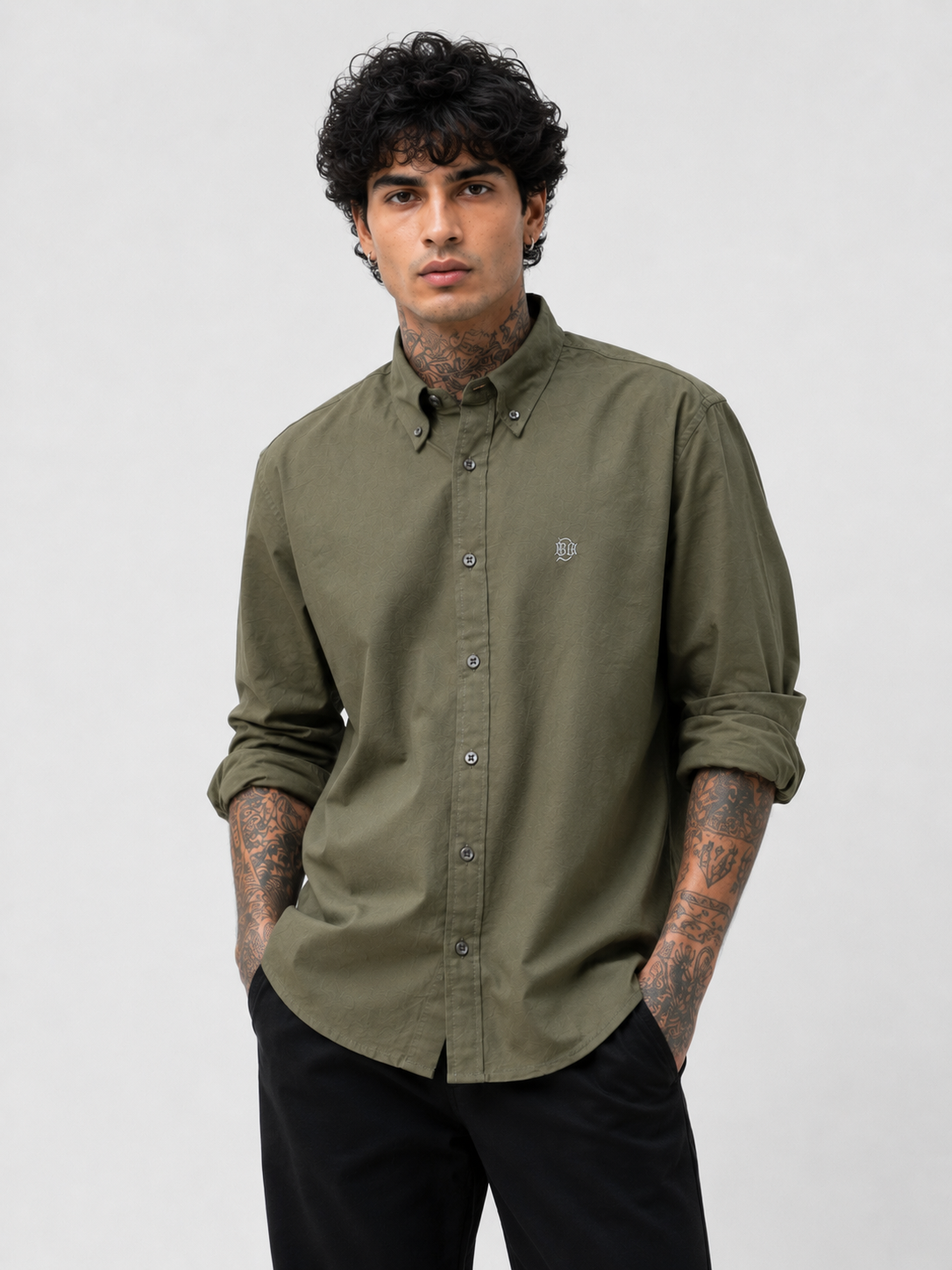 Tactical Muted Olive Textured Oxford Shirt with Tonal Monogram