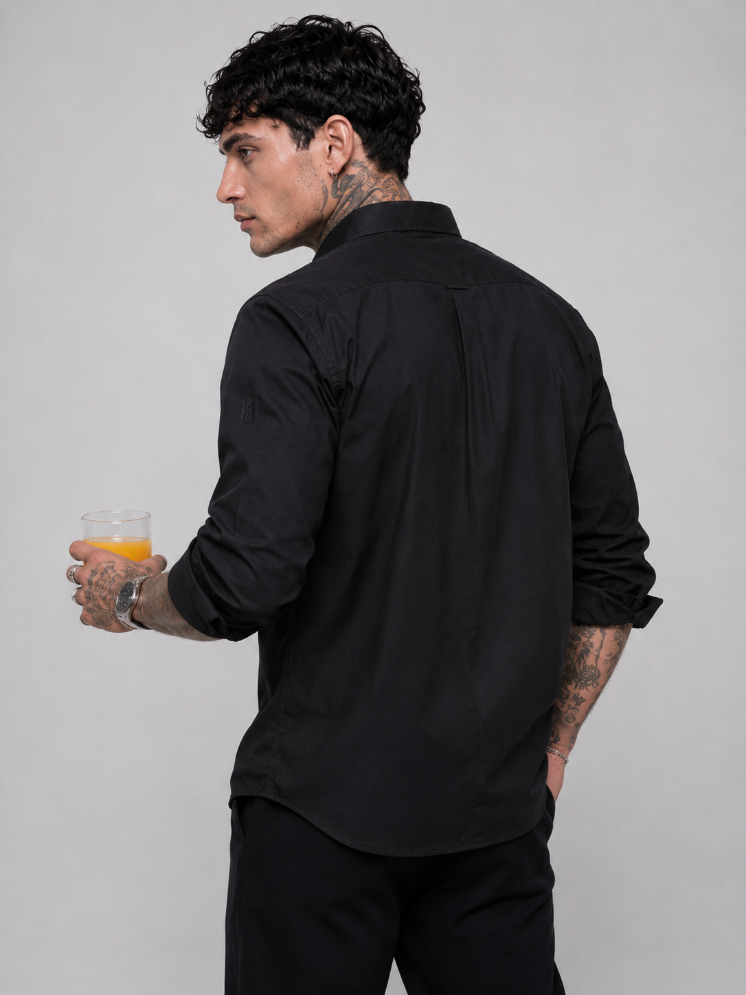 Matte Black Textured Oxford Shirt with Tonal Monogram