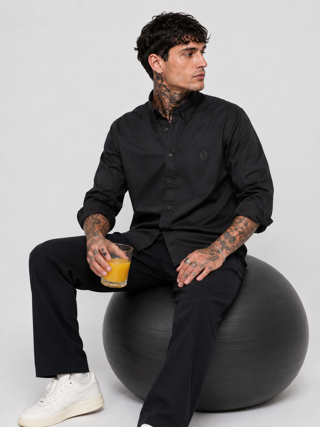Matte Black Textured Oxford Shirt with Tonal Monogram