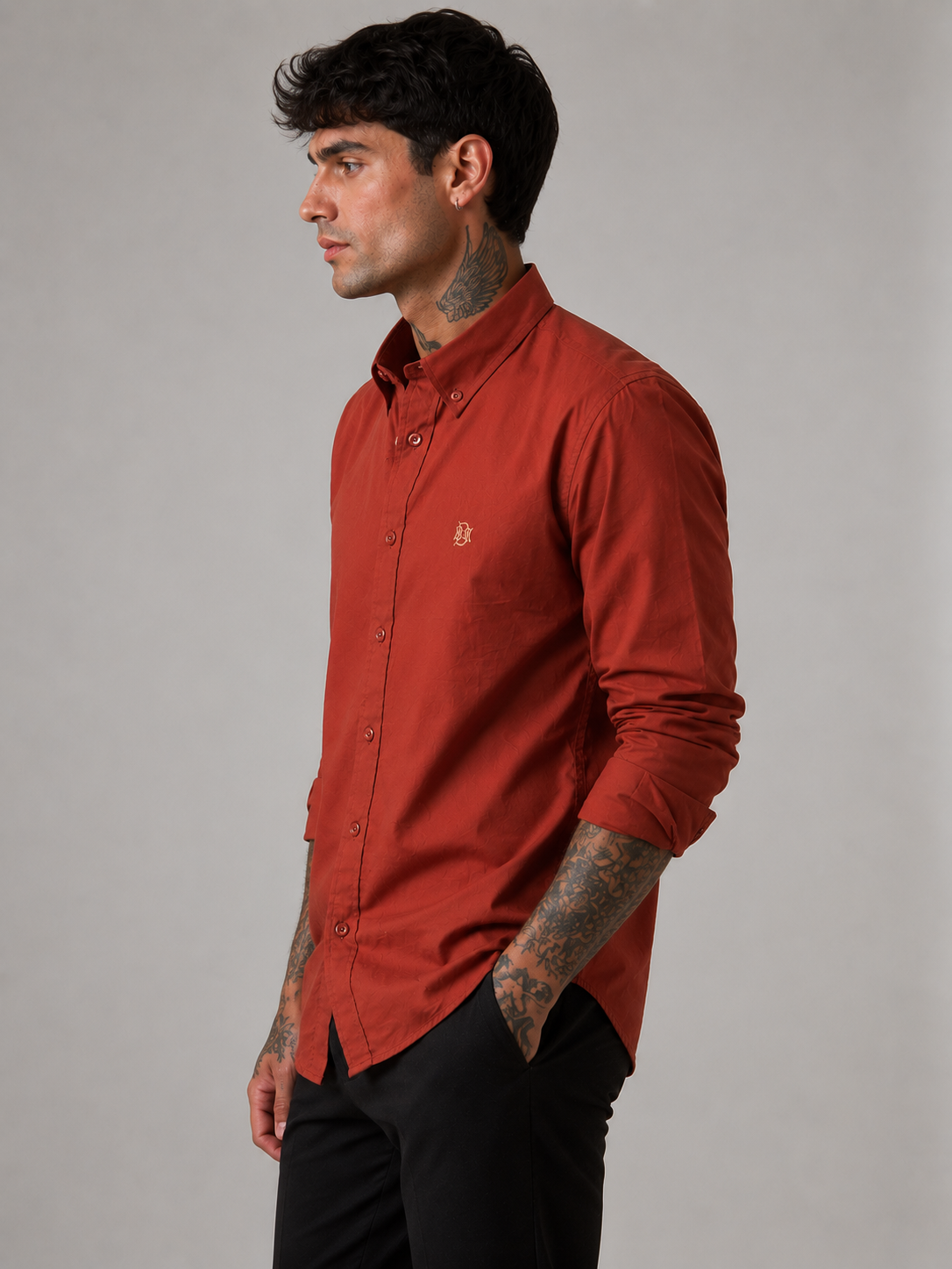 Burnt Clay Earth-Tone Textured Oxford Shirt with Tonal Monogram
