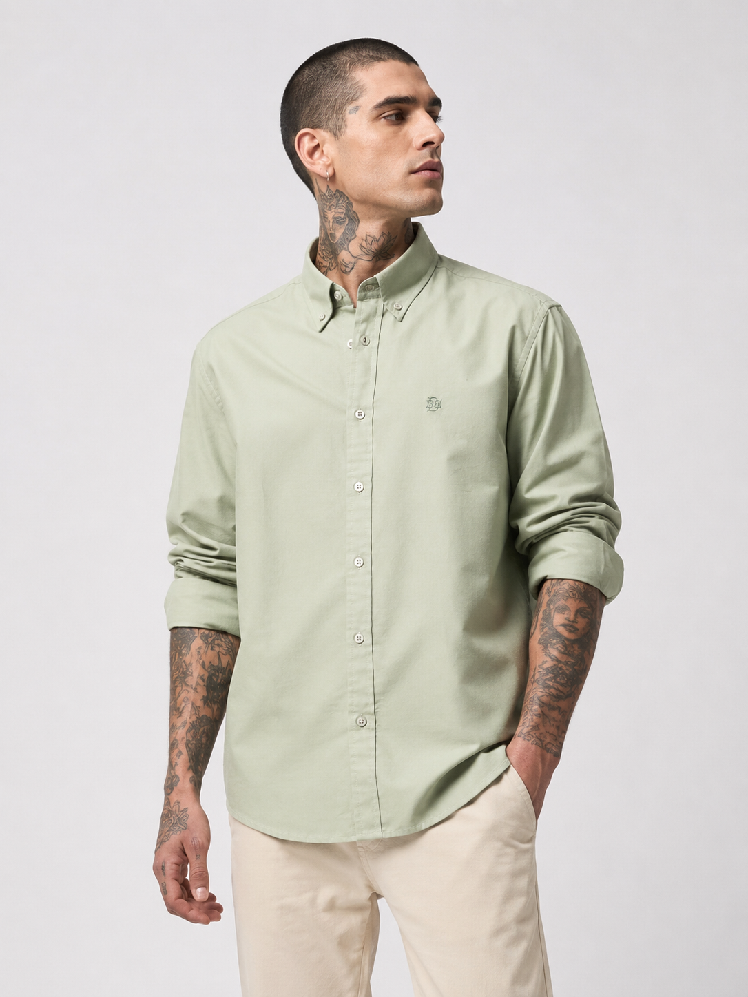 Sage Green Textured Oxford Shirt with Tonal Monogram