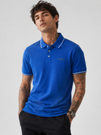 Blue polo shirt with Bradbird logo and white tipped collar and sleeve cuffs