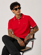 Red polo shirt with contrast tipping, button placket, Bradbird logo, short sleeves