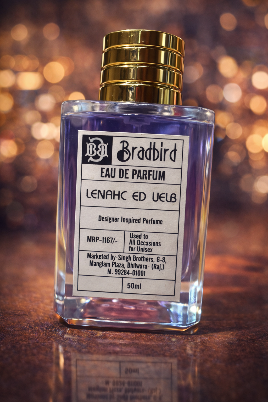 Bradbird Eau de Parfum bottle with gold cap and front label, 50ml