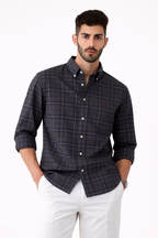 Oxford check button-up shirt, dark navy plaid, button-down collar and sleeves