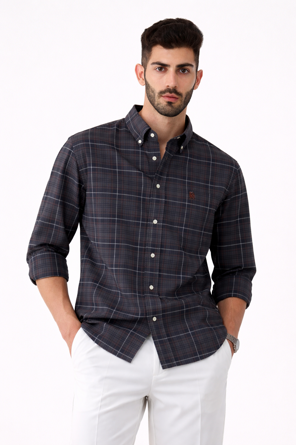 Oxford check button-up shirt, dark navy plaid, button-down collar and sleeves