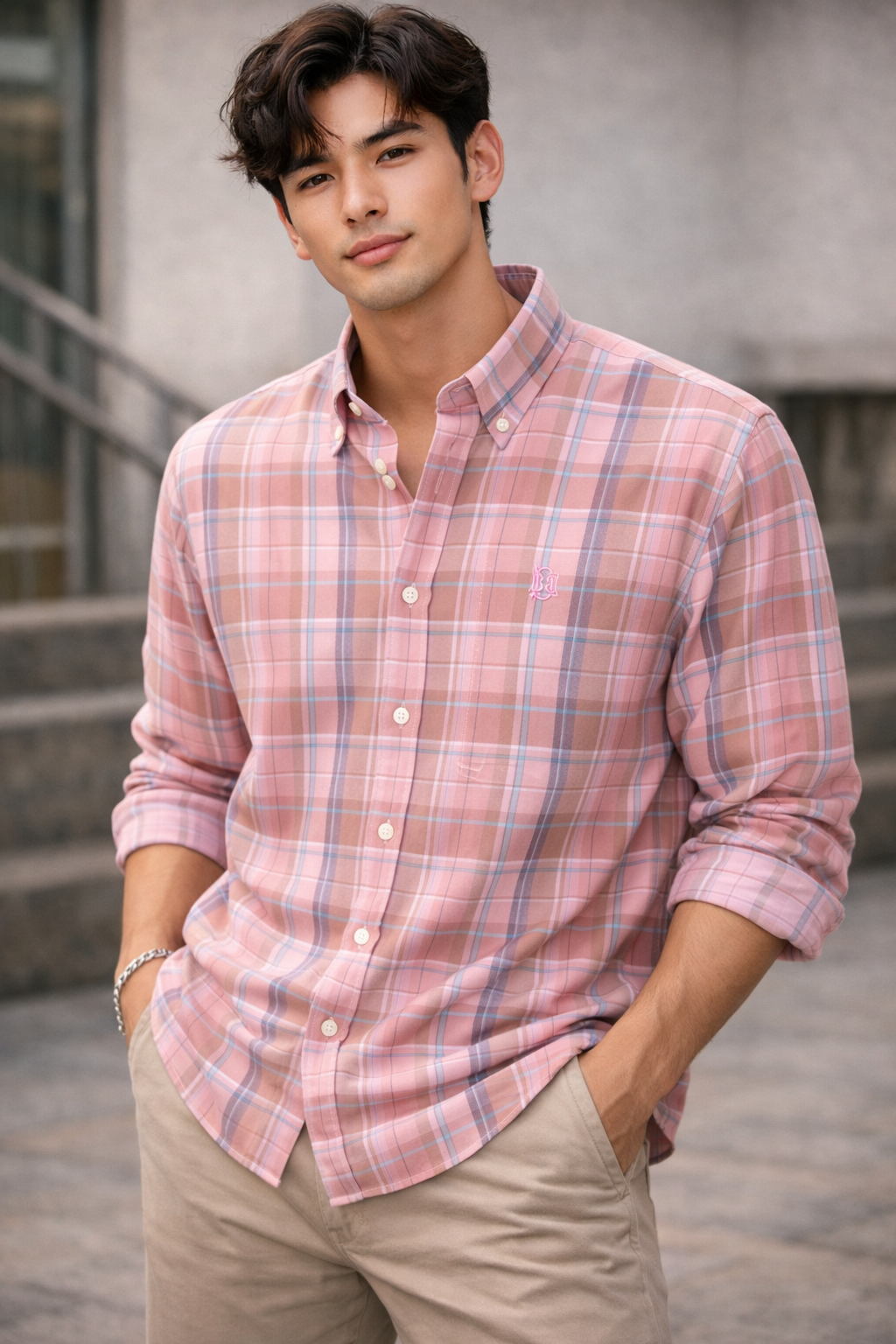 Pink check oxford button-up shirt, long sleeves, buttoned collar