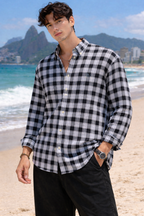 Men’s black-and-white check oxford shirt, button front and spread collar