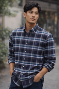 Navy blue plaid button-up oxford shirt with long sleeves and chest pocket