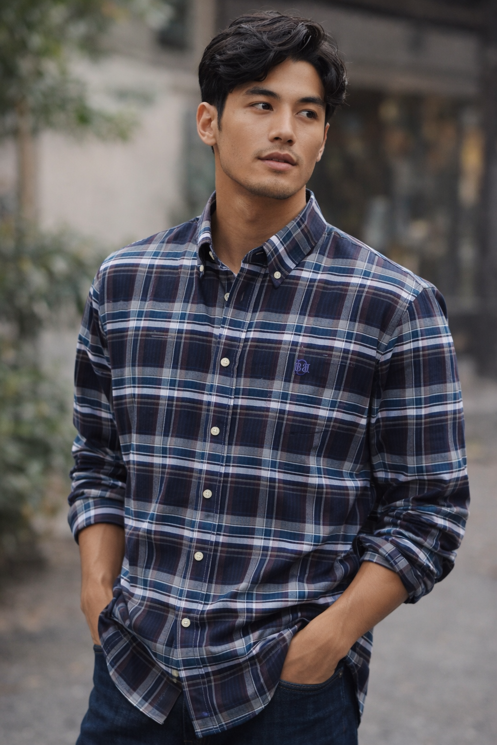 Navy blue plaid button-up oxford shirt with long sleeves and chest pocket