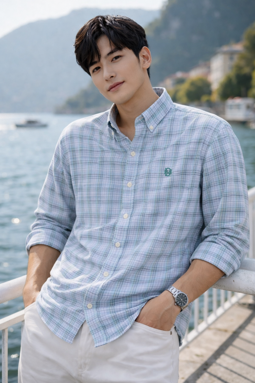 Men’s mint-blue oxford check button-up shirt, chest embroidery, worn with white pants