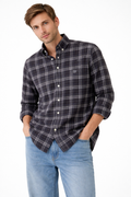 Black plaid Oxford shirt with button-down collar and long sleeves