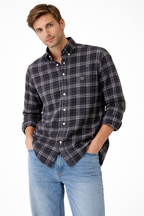 Black plaid Oxford shirt with button-down collar and long sleeves