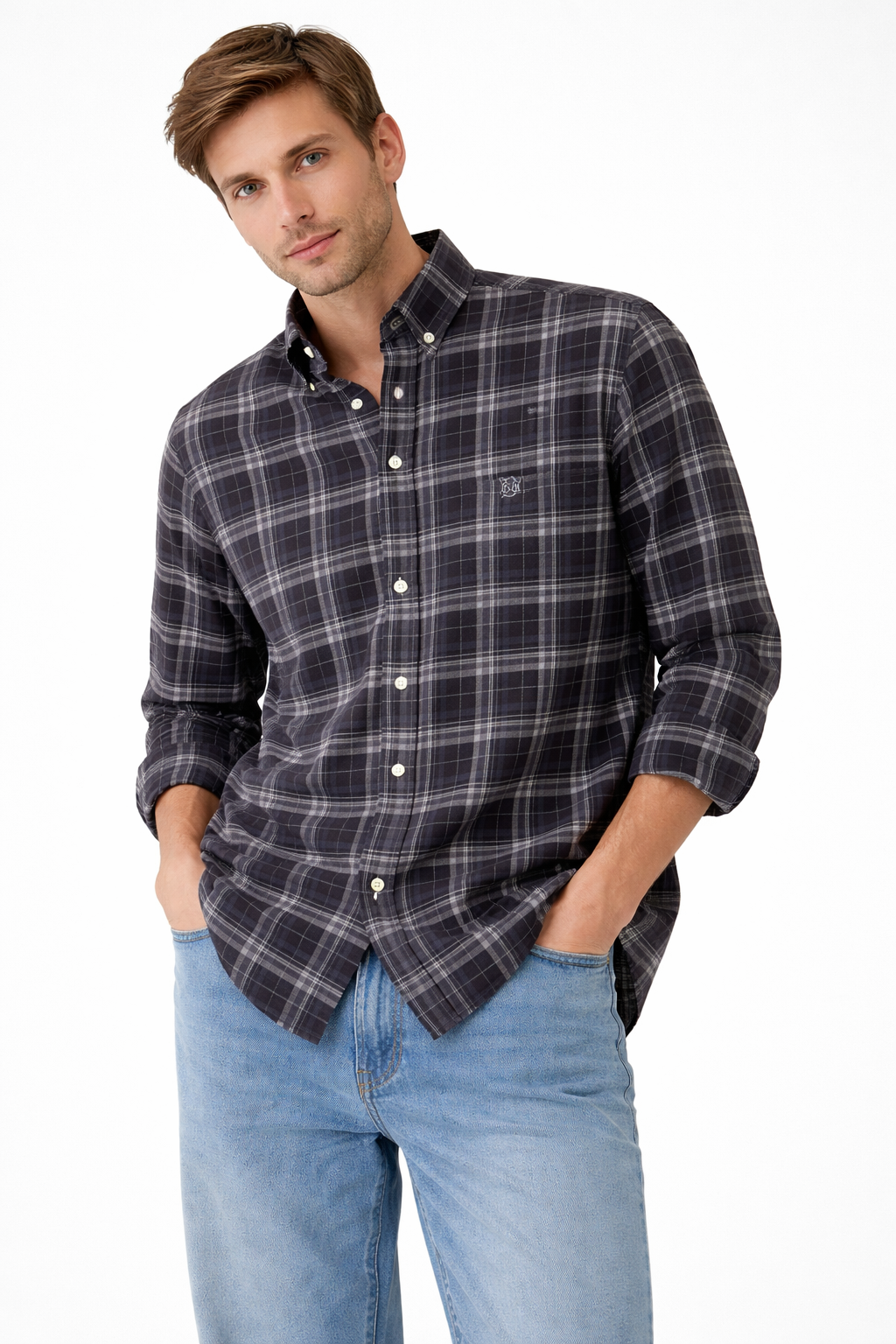 Black plaid Oxford shirt with button-down collar and long sleeves