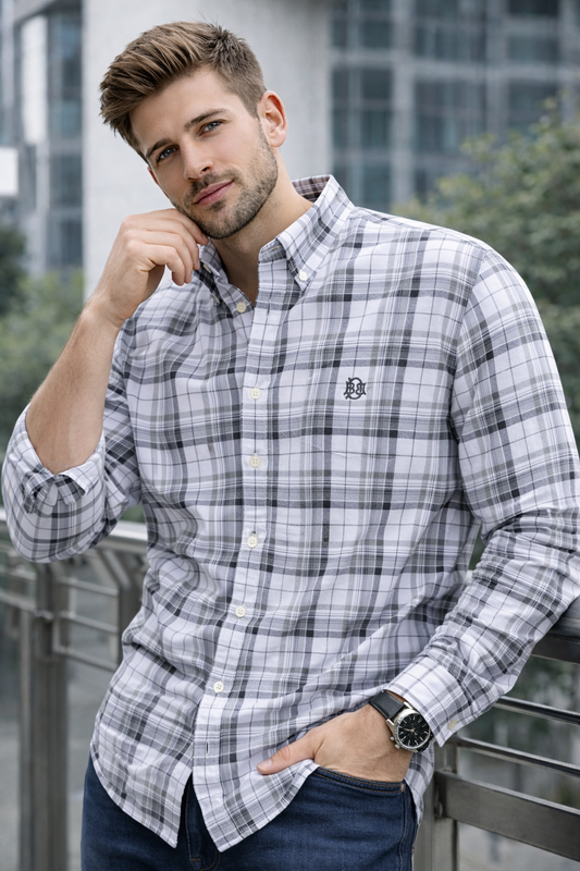 Black-and-white check oxford button-up shirt, button placket and logo on chest