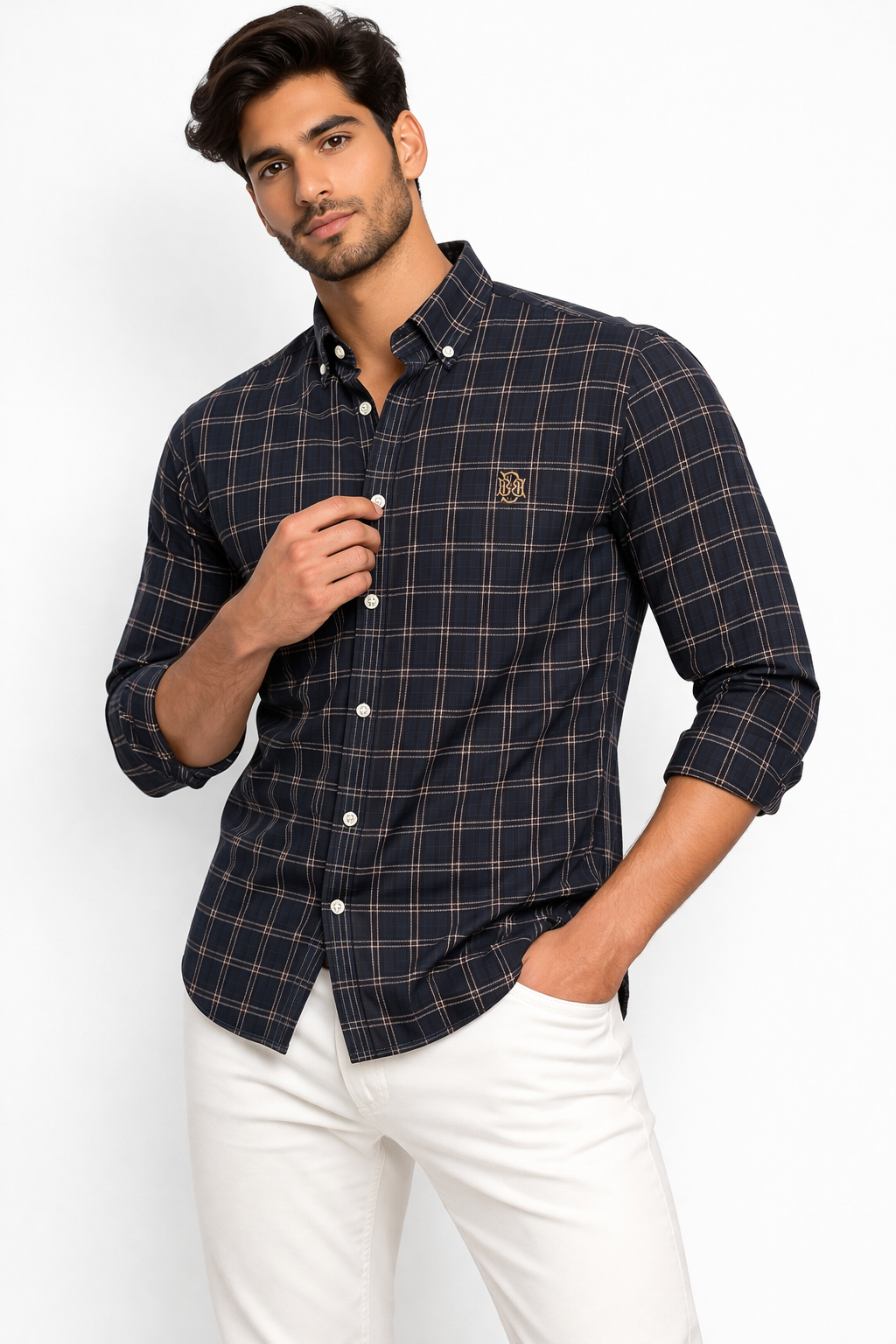 Men’s dark plaid oxford-style check shirt, long sleeves, button front, chest logo pin