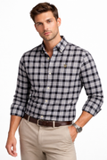 Men’s black-and-beige plaid button-down Oxford shirt, long sleeves