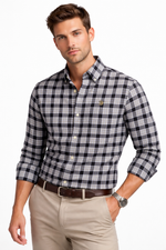 Men’s black-and-beige plaid button-down Oxford shirt, long sleeves