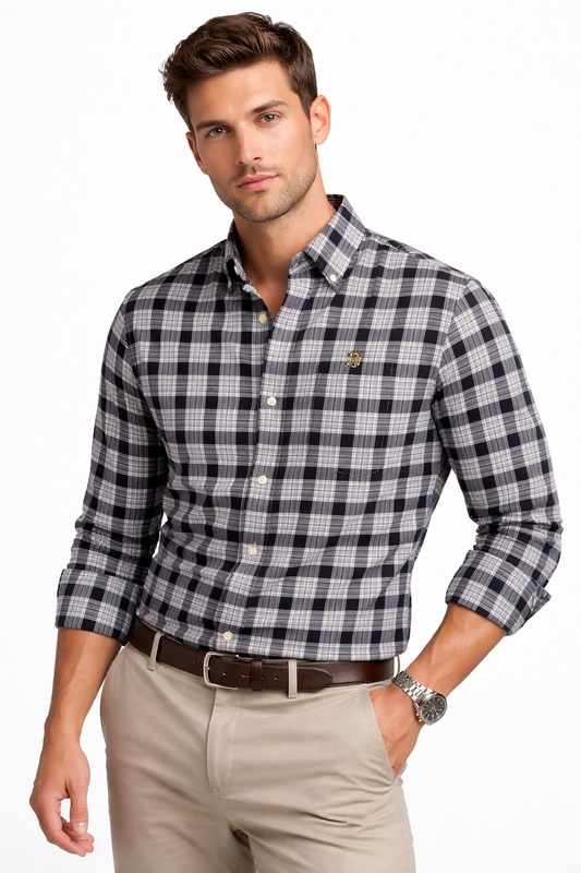 Men’s black-and-beige plaid button-down Oxford shirt, long sleeves