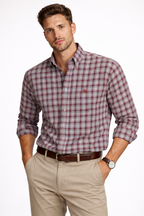 Men’s red, green, and white check oxford button-up shirt, long sleeves