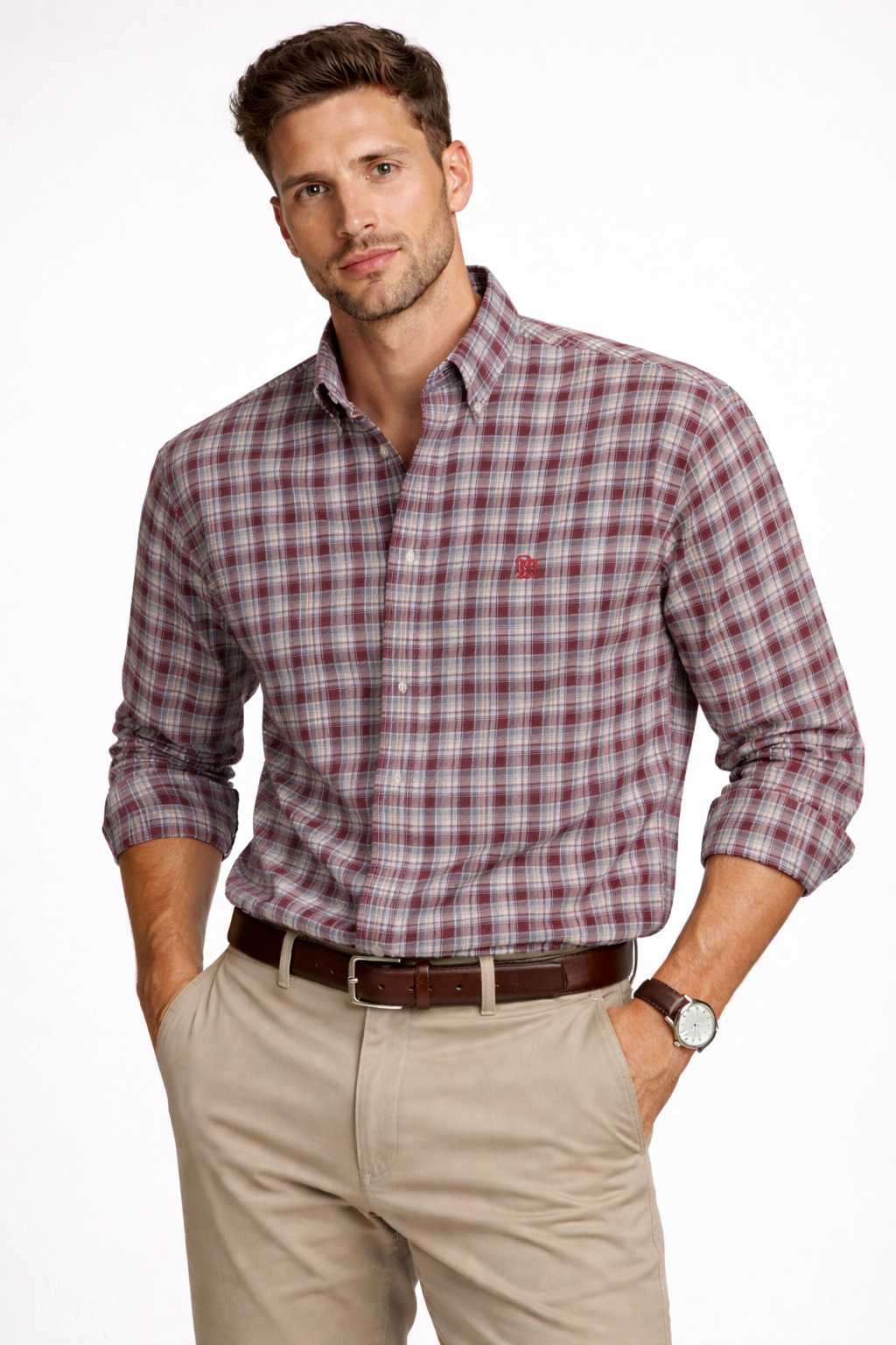 Men’s red, green, and white check oxford button-up shirt, long sleeves