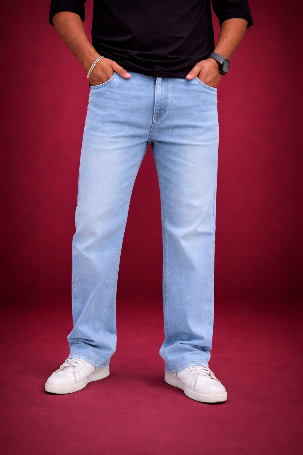 Ice blue straight-fit jeans, front view: belt loops, button fly, light wash denim