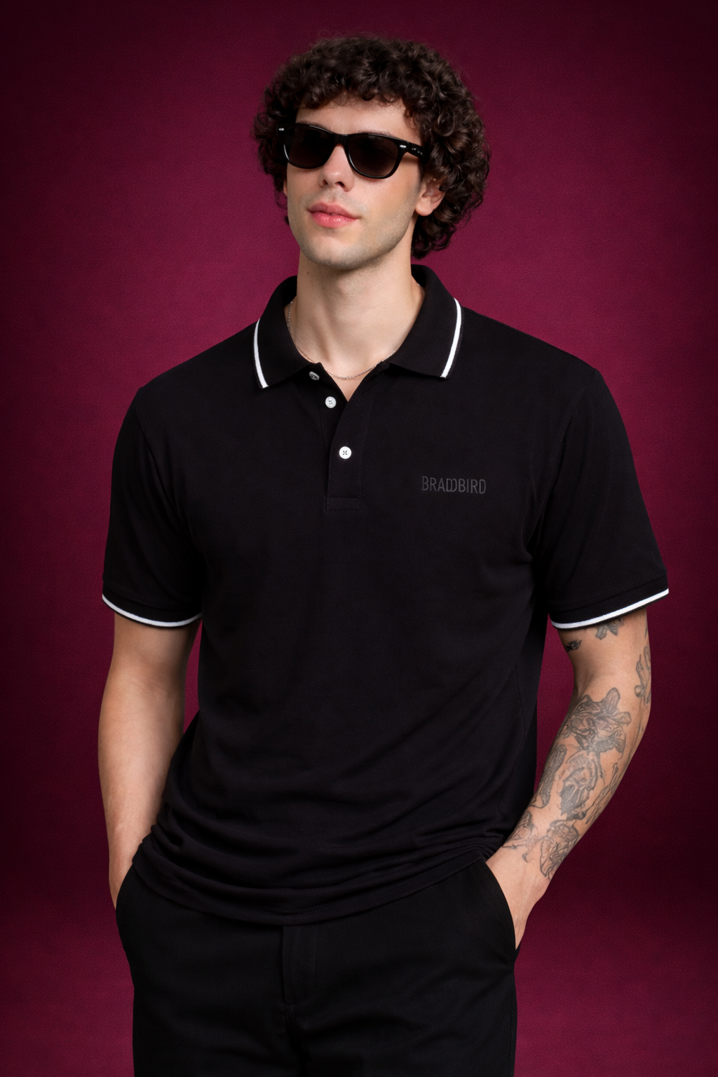 Premium Sleek Black Polo T-Shirt - Timeless Fit Cotton with Dual Tipping Detail Bradbird