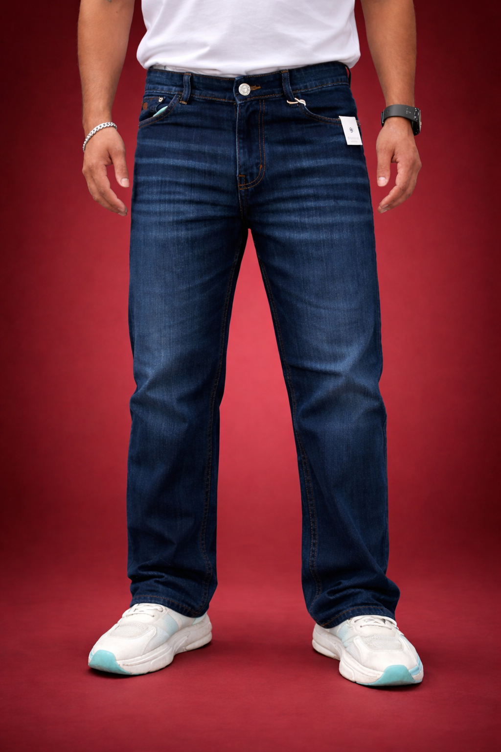Dark indigo straight-fit jeans with vintage wash, button waistband, and belt loops