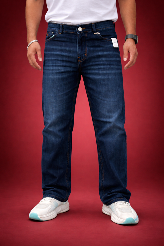 Dark indigo straight-fit jeans with vintage wash, button waistband, and belt loops