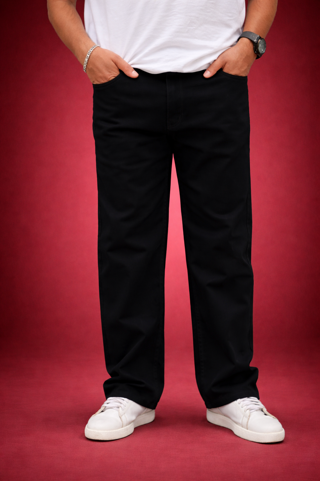 Men's jet black straight-fit jeans with zip fly and belt loops