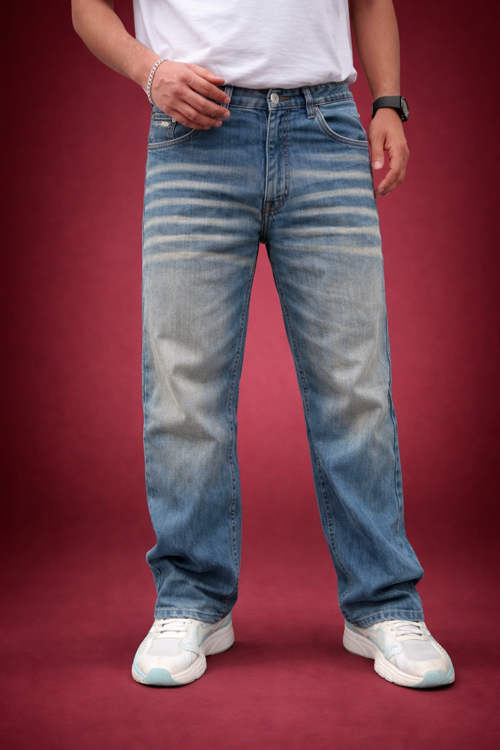 Men's straight-fit jeans, vintage indigo medium wash with light whiskering and belt loops
