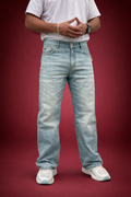 Light wash straight-fit jeans with mid-rise waistband and button closure