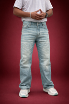 Light wash straight-fit jeans with mid-rise waistband and button closure