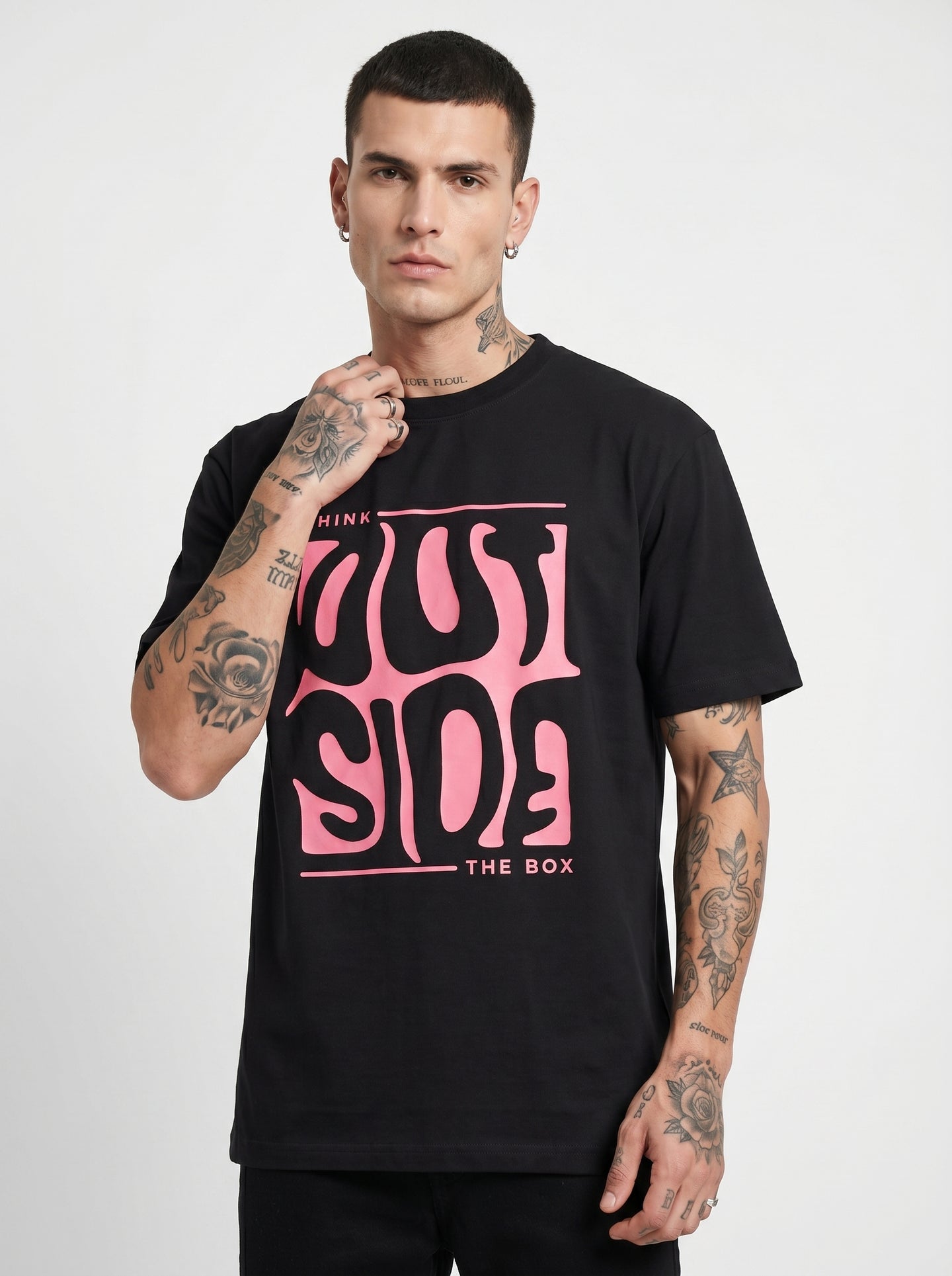Black Melted Box Graphic Rose Pink Round Neck Shirt