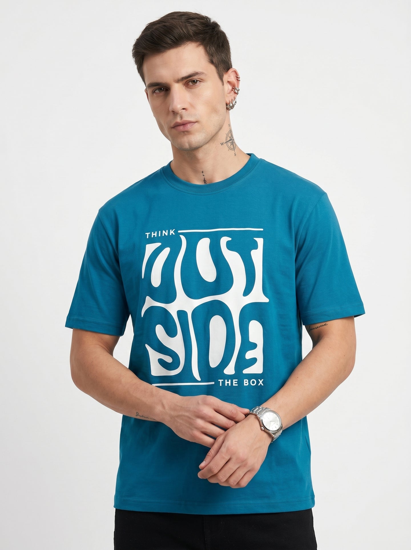 Ocean Blue Melted Box Typography Round Neck Shirt
